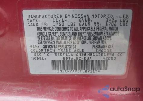 2015 Nissan Versa 1.6 Sv из США, поврежденный, VIN 3N1CN7AP5FL873194